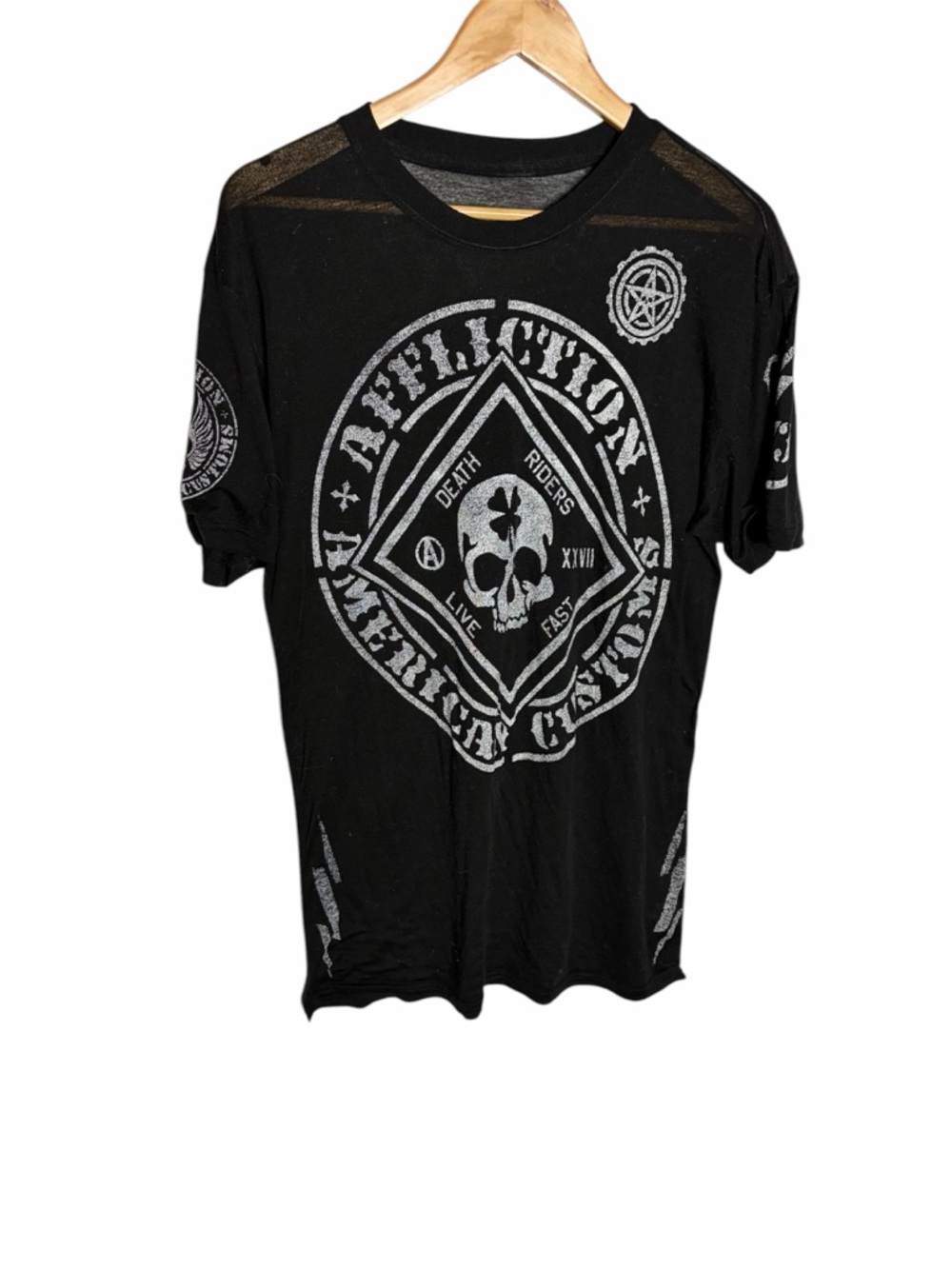 Affliction black & white death riders skull burn out graphic T shirt size L